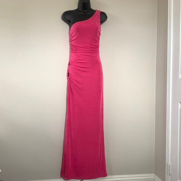 Princess Polly Aligned Pink One Shoulder Side Cutout Ruched Side Slit Maxi Dress - Picture 4 of 12